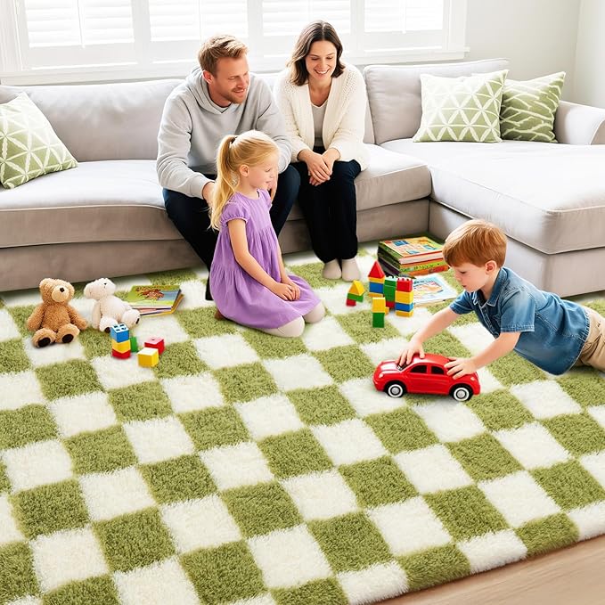 Checkered Rug for Living Room 6x9, Ultra Fluffy Fuzzy Shag Large Area Rug for Bedroom, Modern Plush Soft Upgrade Non-Slip Carpet for Kids Girls and Boys Room Dorm Home Decor, Cream and Green