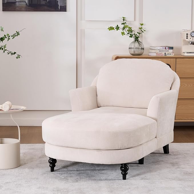 Chaise Lounge Chair Indoor, 59.8" Oversized Couch Reading Chairs，Chenille Comfortable Deep Sleeping Single Sofa, Upholstered Modern Couch Sofa Bed for Living Room, Bedroom & Apartment (Beige)