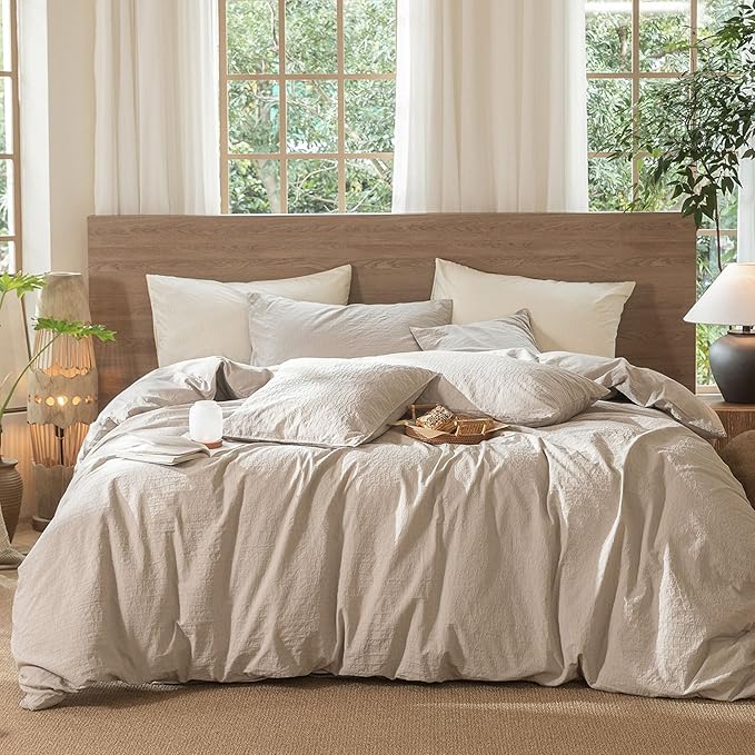 MooMee Wavy Striped Duvet Cover Set 100% Washed Cotton Linen Like Textured Breathable Durable Soft Comfy (Beige, Super King Plus 120"x120")