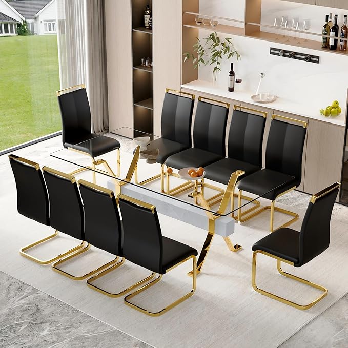 11 Piece Glass Dining Table Set, 79" Modern Dining Table Set for 10, 0.5" Thick Tempered Glass Tabletop with Silver Chrome Metal Legs and Grey Crossbar, 10 PU Chairs for Dining Room, Kitchen