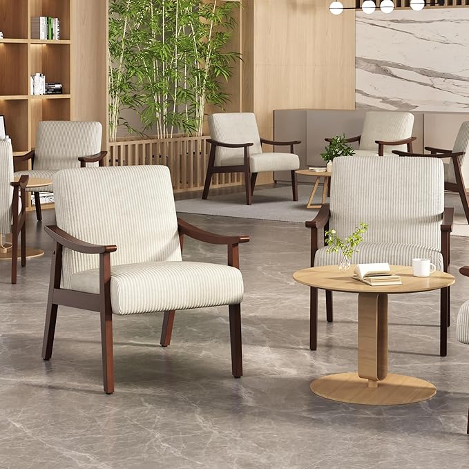 Yaheetech Corduroy Accent Chair, Mid-Century Modern Armchair with Solid Wood Legs, Reading Leisure Chair with High Back for Living Room Bedroom Waiting Room, Set of 2, Beige