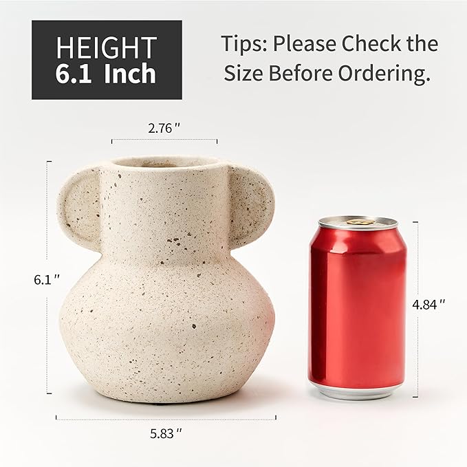 Antique Ceramic Vase with 2 Handles, 6.1 Inch Farmhouse Rustic Vase, Small Decorative Pottery Flower Vases for Home Decor, Wedding, Living Room, Table, Shelf Decor, Speckled White