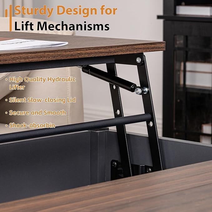 35" Farmhouse Lift Top Coffee Table, Wood Square Center Table with Charging Station, Living Room Table Hidden Storage, Living Room, Bedroom, Office, AC, USB Output (Walnut Black, 35.4 inch)