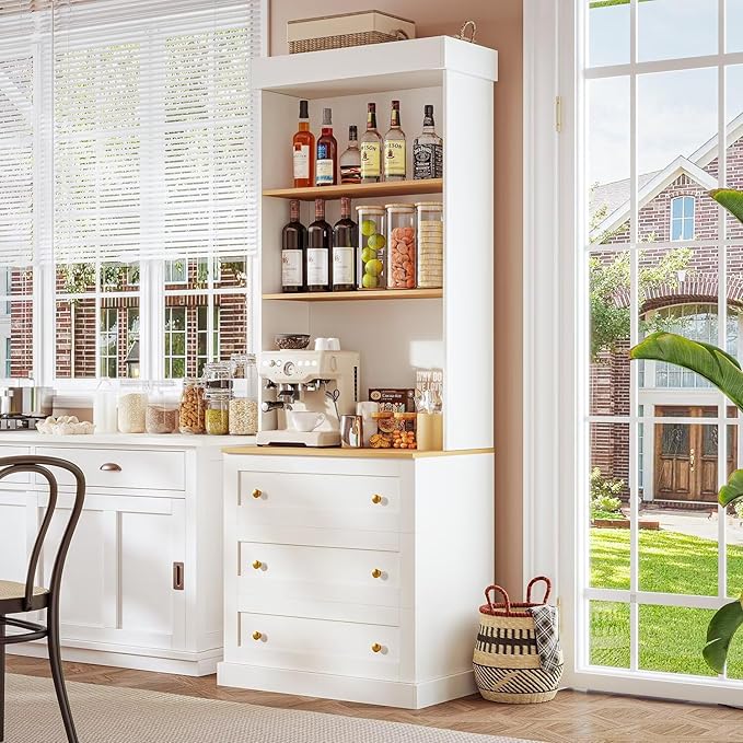 71" Farmhouse Kitchen Pantry Cabinet with Drawers, White Freestanding Coffee Bar Hutch with Microwave Stand, Large Storage Cabinet with Adjustable Shelves for Kitchen, Living Room