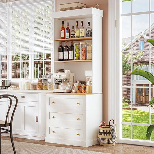 71" Farmhouse Kitchen Pantry Cabinet with Drawers, White Freestanding Coffee Bar Hutch with Microwave Stand, Large Storage Cabinet with Adjustable Shelves for Kitchen, Living Room