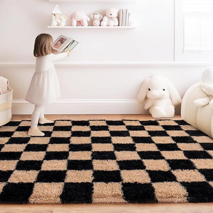 Checkered Rugs for Bedroom, 4x6 Ultra Fluffy Fuzzy Shag Area Rug for Living Room, Modern Plush Soft Upgrade Non-Slip Carpet for Kids Girls and Boys Room Dorm Nursery Home Decor, Black and Beige
