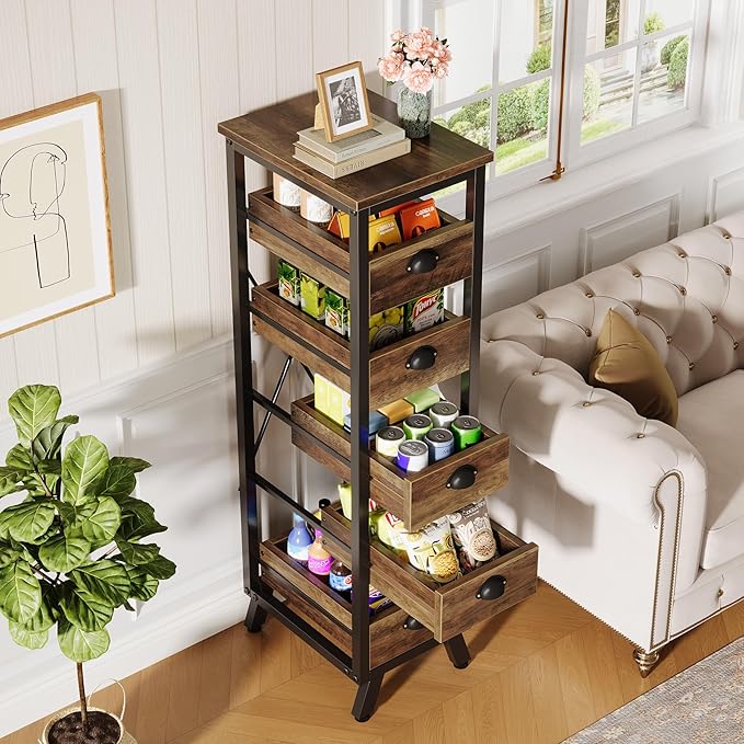 Tribesigns Wood Fruit and Vegetable Storage Rack, 5-Tier Narrow Snack Stand Kitchen Stand Fruit Basket, Pull-Out Utility Organizer for Kitchen, Living Room, Rustic Brown