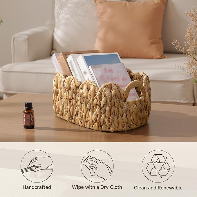 StorageWorks Scalloped Wicker Basket, Hand-woven Rattan Baskets with Built-in Handles, Water Hyacinth Basket for Organizing and Decor, 2 Pack