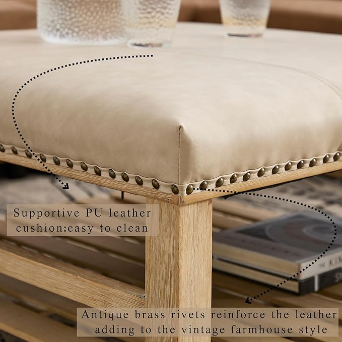 Large Square Coffee Table with Storage,Modern Faux Leather Ottoman Coffee Table,Luxury Upholstered Couch Table for Living Room/Sofa/Bedroom,Beige