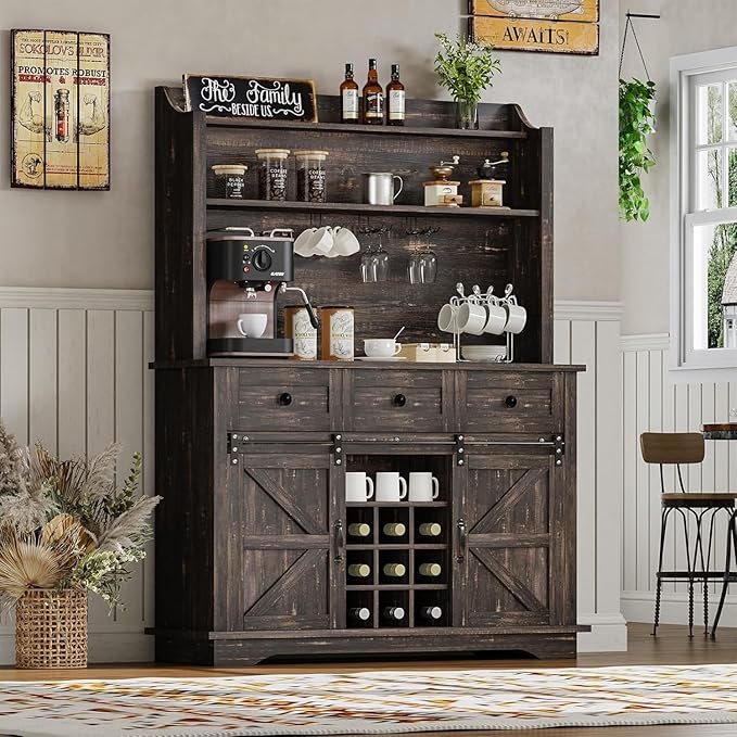 63 Inch Tall Coffee Bar Cabinet with 3-Tier Storage, Kitchen Hutch with 3 Drawers, Farmhouse Coffee Bar with 9 Racks & 3 Glass Holders, Wine Bar Cabinet for Living Dining Room, Oak