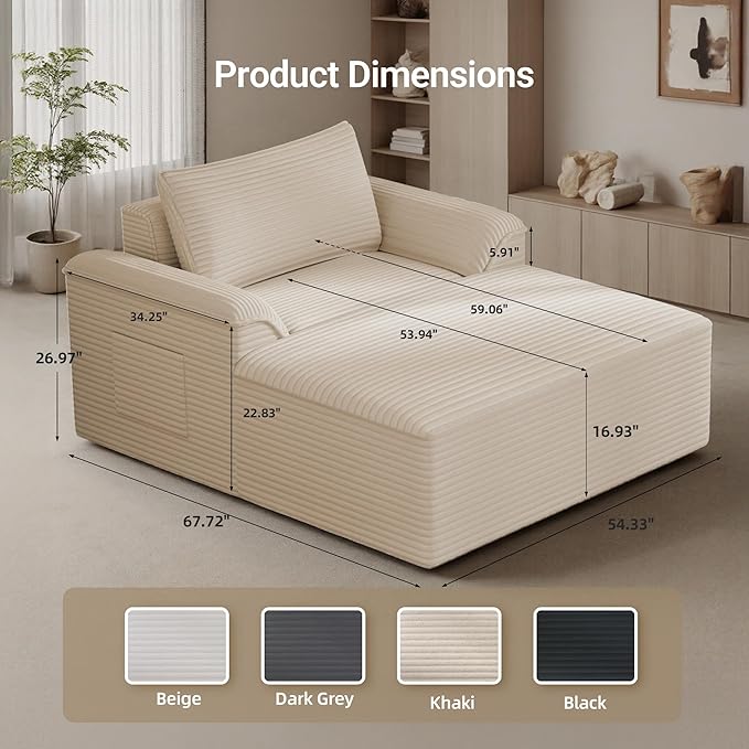 Claiks 68" Oversized Chaise Lounge Chair Indoor, Corduroy Upholstered Boneless Sofa Bed, Deep Seat Sleeper Couch with Pillows and Armrest, Cloud Sofas Reading Chair for Living Room, Khaki