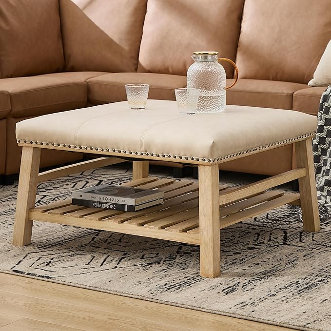 Large Square Coffee Table with Storage,Modern Faux Leather Ottoman Coffee Table,Luxury Upholstered Couch Table for Living Room/Sofa/Bedroom,Beige