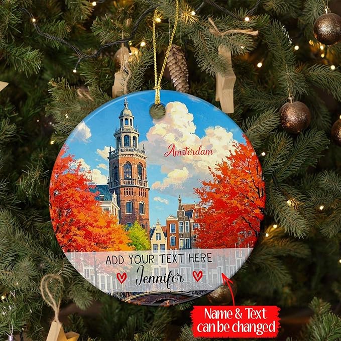 Custom Text/Name Amsterdam Capital Scenery Ceramic Christmas Ornament, Personalized Amsterdam Netherlands Ornament 2025, European Travel Souvenir Collection Xmas Tree Ornaments Gift for Family Friend