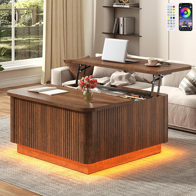 Lift Top Coffee Table with Storage,Wood Square Coffee Tables W/6000-Colors Lighting,Multi-Function Groove Texture Center Table W/Large Hidden Space for Living Room,Bedroom,Home,Office(Walnut)