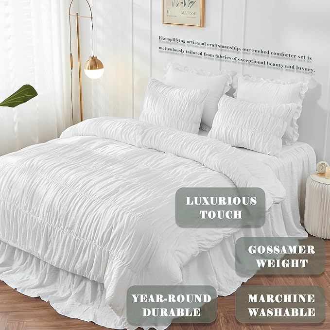 King Size Comforter Set - Ruched White Comforter King Bed Set Boho Shabby Chic Bedding - Fluffy 3 Piece Ruffle Comforter Set with Pillow - Soft and Luxury