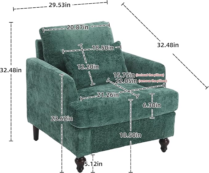 Furnilivng Mid-Century Modern Accent Chair, Comfortable Chenille Lounge Armchair, Upholstered Cozy Single Sofa Chair for Living Room, Bedroom, Reading Room, Home Office, Green