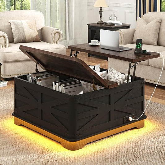 36" Farmhouse LED Lift Top Coffee Table with Storage and Power Outlets, Square Wood Living Room Tables with LED Lights & Large Hidden Space, Lift Wooden Barn Door Center Table, Black