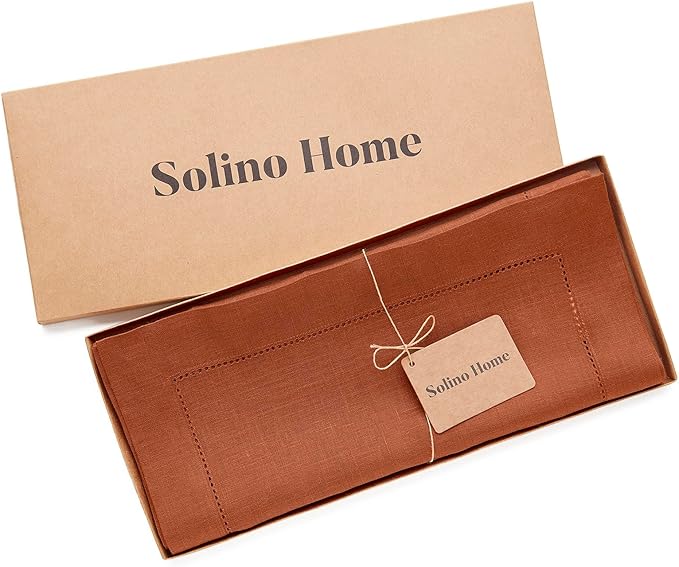 Solino Home Linen Table Runner 120 Inches Long - 100% Pure Linen Cinnamon Table Runner 14 x 120 Inch for Fall, Autumn, Halloween, Thanksgiving - Classic Hemstitch