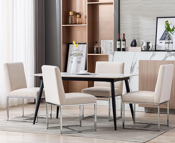 VESCASA Linen Upholstered Dining Chairs Set of 6, Mid Century Modern Padded Chair with Chrome Metal Frame for Restaurant, Dining Room, Kitchen, Cream