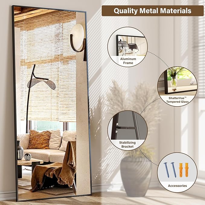 68"x 24" Full Length Mirror with Stand, Large Wall-Mounted or Leaning Floor Mirror with Aluminum Alloy Frame, Rectangular Wall Mirrors for Bedroom, Entryway, and Living Room Decor, Black