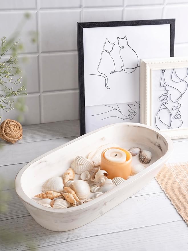 Luxe Designs Wooden Dough Bowl - Rustic White Acacia Wood - Handmade Decorative Bowls for Home Decor, Bathroom, Kitchen Counter, & More - Rustic Large Wood Dough Bowl for Decor, Cosmetics, and Keys