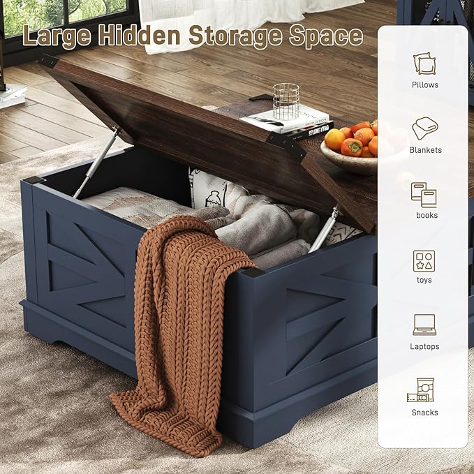 36" Farmhouse Movable Lift Top Coffee Table with Storage and Power Outlets, Square Wood Living Room Tables with Wheels&Large Hidden Space, Lift Wooden Barn Door Center Table, Blue
