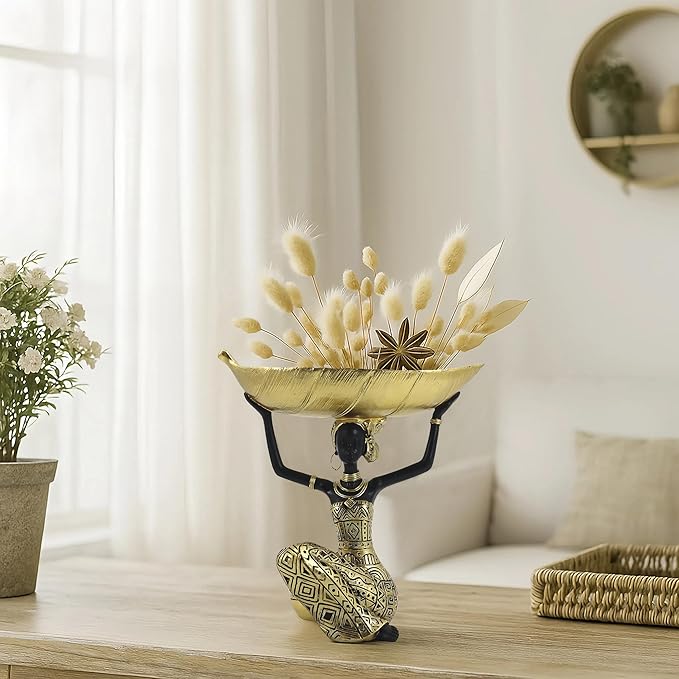 African Woman Resin Statue Holding Leaf Bowl – Golden Tribal Kneeling Figurine for Jewelry Tray, Snack Holder, Home Shelf Decor