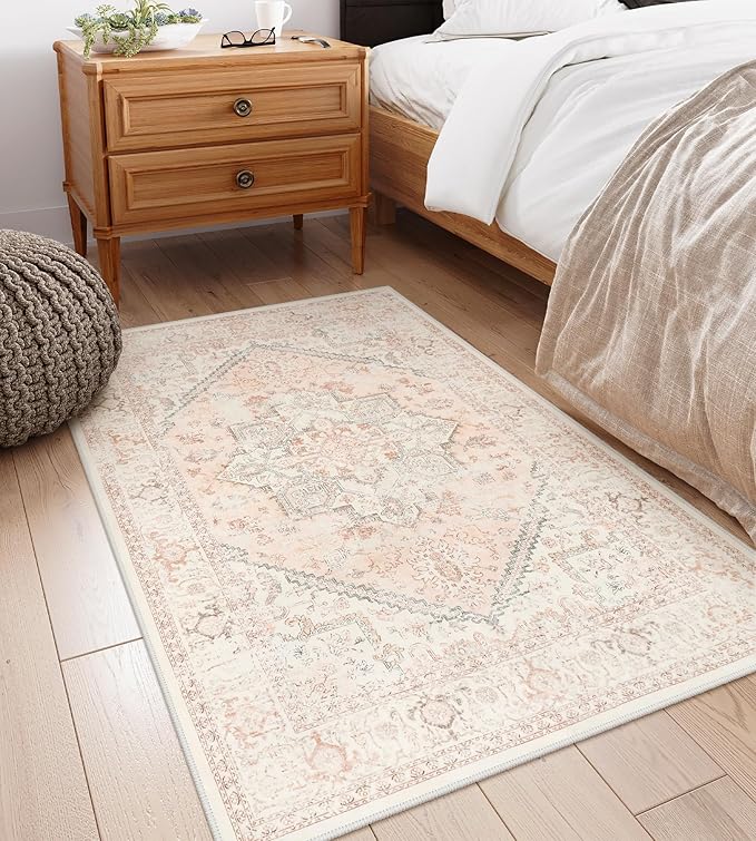 LIVEBOX Pink Carpet 3x5 - Oriental Floral Non-Slip Indoor Rug for Kitchen Entrance, Faux Wool Front Door Mat, Pet Friendly Accent Throw Rug for Bedroom Entry Foyer Laundry Room, Pink