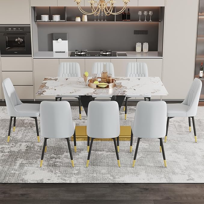 71'' Dining Table Set for 8,Marble Dining Table Set,Modern Kitchen Table with 8 PU Leather Chairs,Gold Dining Room Table Set with V-Shaped Black Glossy Pillars,Ideal for Kitchen Dining Room
