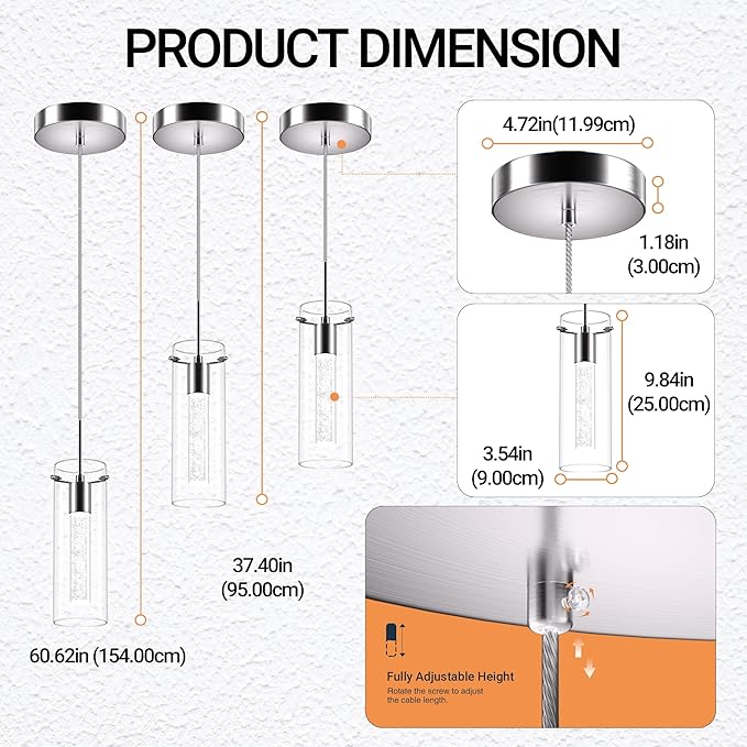 Pendant Ceiling Light Fixture, LED Kitchen Lighting Crystal Pendant Lights Kitchen Island, 1-Light Integrated Kitchen Hanging Light Fixture Modern Island Light with Bubble Glass Three Pack