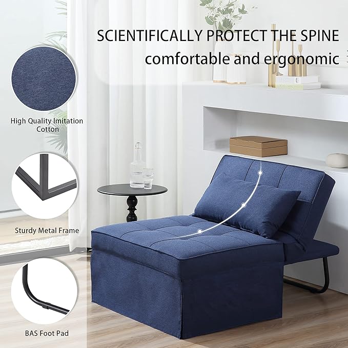 BIGSYY Sofa Bed, 4 in 1 Multi-Function Folding Ottoman Breathable Linen Couch Bed with Adjustable Backrest Modern Convertible Chair for Living Room Apartment Office, Blue