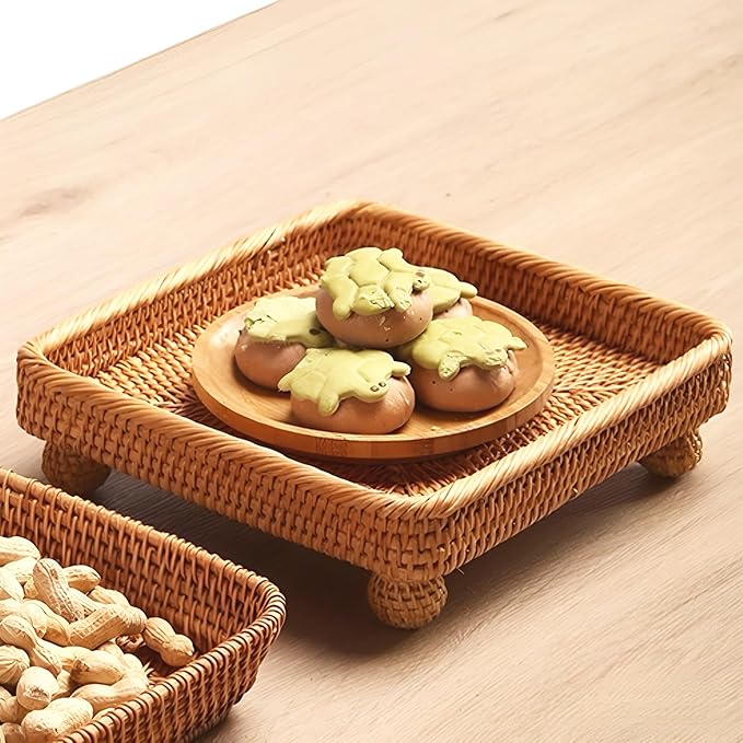 i-lan 9" Square Rattan Decorative Riser for Display,Small Items Serving Basket Vanity Tray - Square Woven Bread, Fruit, Keys Bowl Pedestal Stand,Flat Wicker Decorative Snack Trays for Candy Dish
