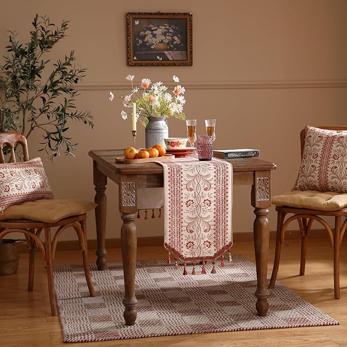 ISAENNE Designer Vintage Linen Table Runner 102 Inches Long,Red Floral Pattern Modern Decor Table Runners for Dining Tables,Thanksgiving,Kitchen Tables,Christmas,Banquet,12"*102"-Chamonix A