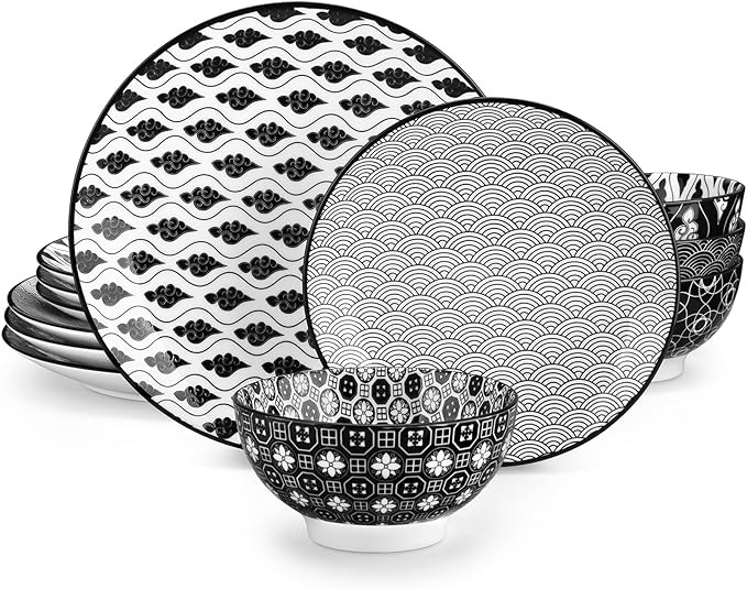 vancasso Haruka 12 Pieces Plates and Bowls Set, Ceramic Dinnerware Sets for 4, Black and White Porcelain Dishes Set