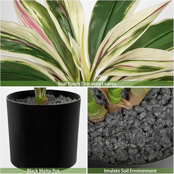 Artificial Plants Indoor with Pot, 18" Fake Potted Plants Medium Artificial Dracaena Plant in Black Pot Faux Tropical Plants for Bathroom Living Room Office Desk Shelf Decor