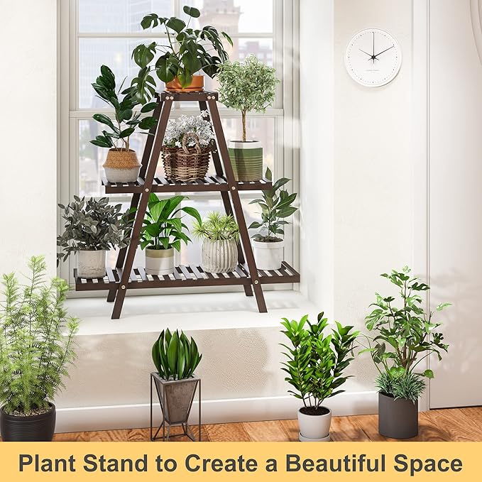 Plant Stand Indoor, Outdoor bamboo Plant Rack for Multiple Plants, 3 Tier 8 Potted Flower Holder Ladder,Plant Shelf Ladder Table Plant Pot Stand for Living Room, Patio, Balcony (Brown)