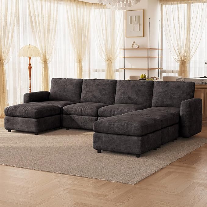 4-Seat Modular Sectional Sofa with 3 Storage Ottomans, Oversized Deep L-Shaped Couch for Living Room, Grey Velvet Family Sofa Set, Modern Apartment Loveseat Sleeper with Extra Comfy Seating