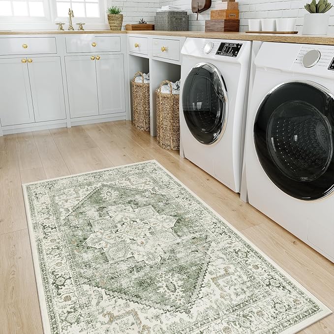 LIVEBOX Washable Area Rug 3x5 - Vintage Tribal Non-Slip Indoor Rugs for Kitchen Entryway, Low-Pile Front Door Mat Print Distressed Accent Throw Rug for Bedroom Entry Foyer Laundry Room, Sage
