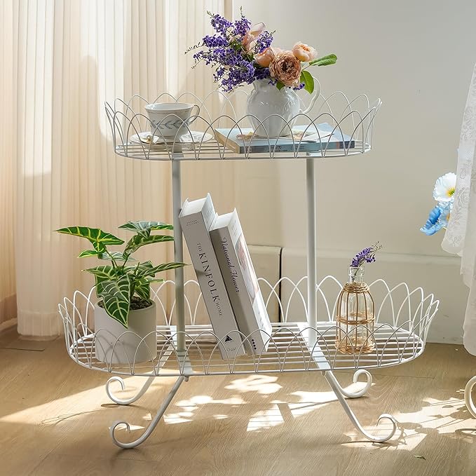 White Oval Plant Stand for Plants, French Provincial Side Table with Floral Accents, Low Indoor Greenery Display Shelf Garden Decor