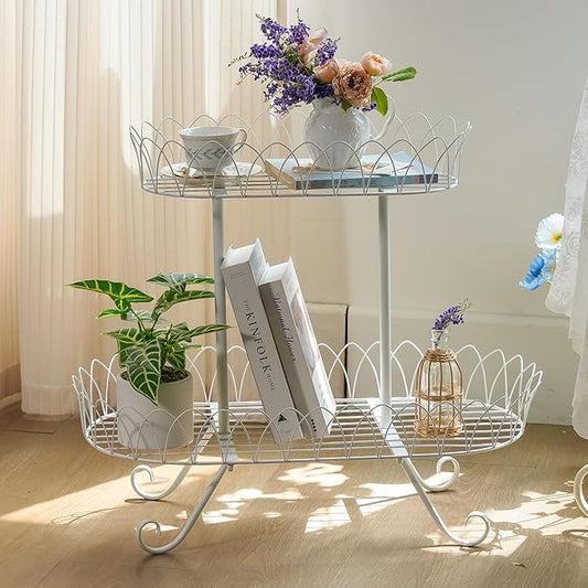 White Oval Plant Stand for Plants, French Provincial Side Table with Floral Accents, Low Indoor Greenery Display Shelf Garden Decor