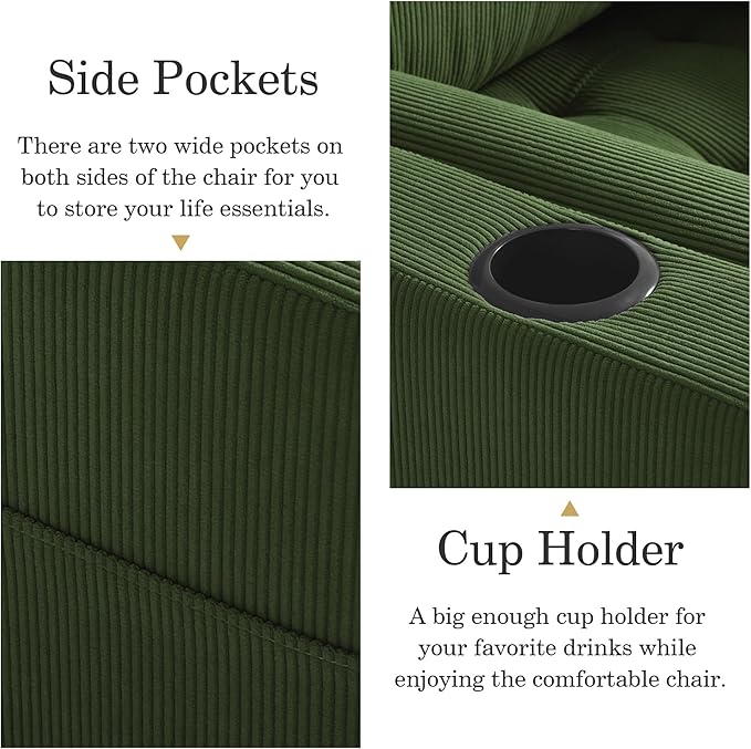 UIXE 3-in-1 Sleeper Chair Pull Out Sofa Bed, Convertible Reclining Seat Upholstered Armchair, Adjustable Backrest Recliner Chair with Side Pockets, Cup Holder & USB Ports - Green