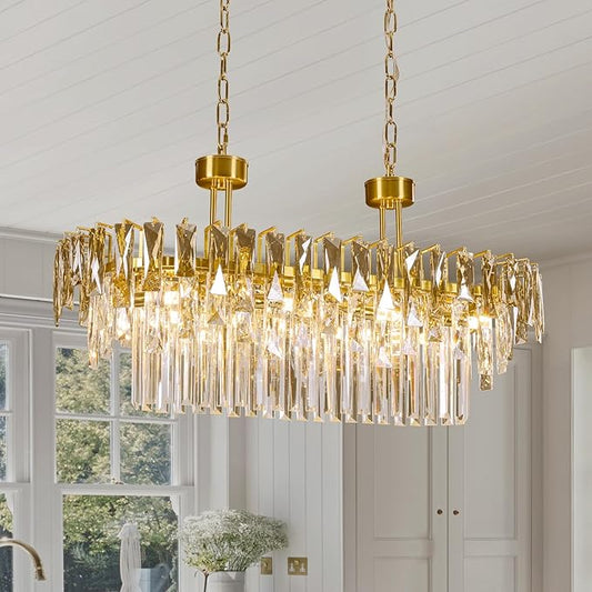 Rectangular Crystal Chandelier for Dining Room - L31.5'' Modern Gold Long Linear Chandelie,Luxury 3 Tier Raindrop K9 Crystals Oval Chandeliers for Living Room,Pendant Ceiling Light for Kitchen Island