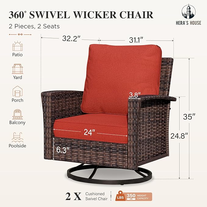 HERA'S HOUSE Outdoor Swivel Chairs with 5.5" Thick Cushions, 35" High Back Patio Furniture Sets, Oversized Wicker Rattan Chairs for Deck Balcony Backyard, Red