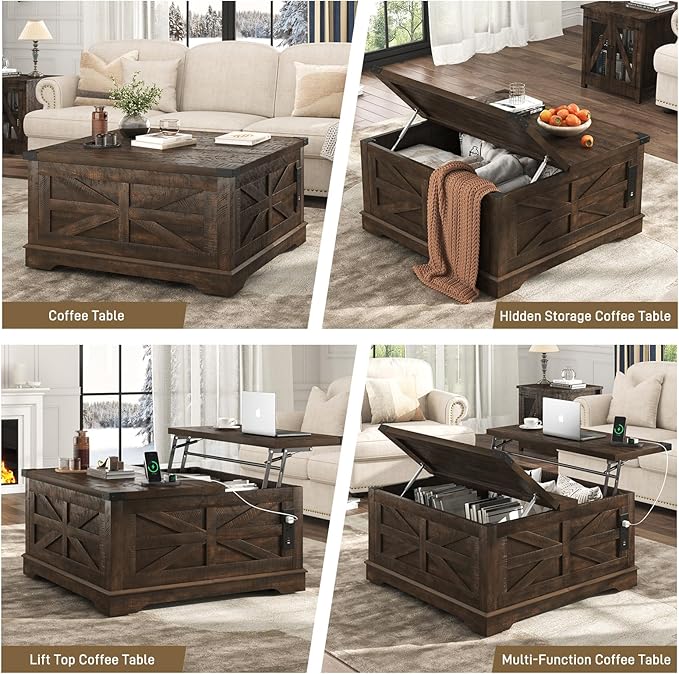 36" Farmhouse Movable Lift Top Coffee Table with Storage and Power Outlets, Square Wood Living Room Tables with Wheels&Large Hidden Space, Lift Wooden Barn Door Center Table, Brown