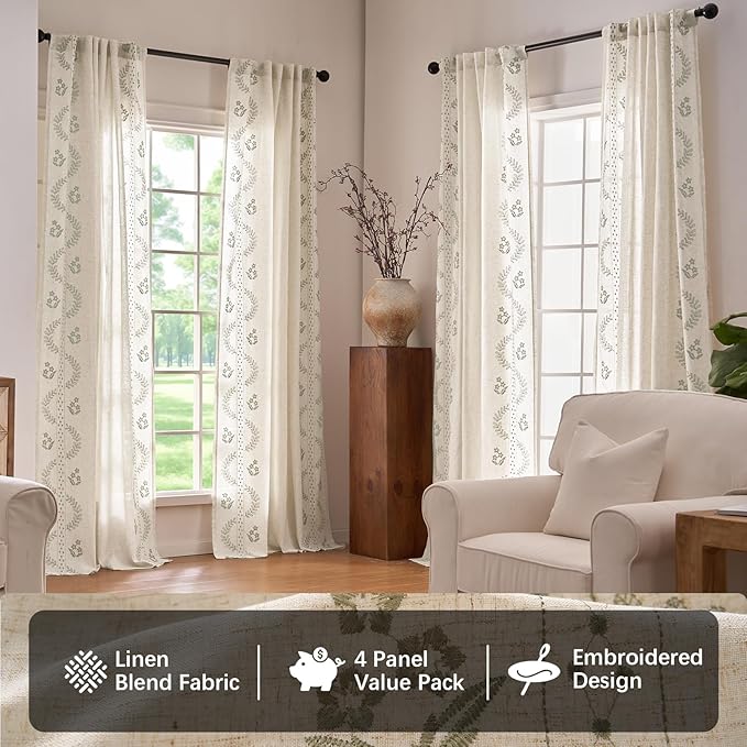 jinchan Belrose 4 Panel Curtains Set 84 Inch Length Floral Curtains Sage Green Embroidered Drapes Farmhouse Flower Patterned Drapes for Living Room Bedroom Window Treatments Set of 4