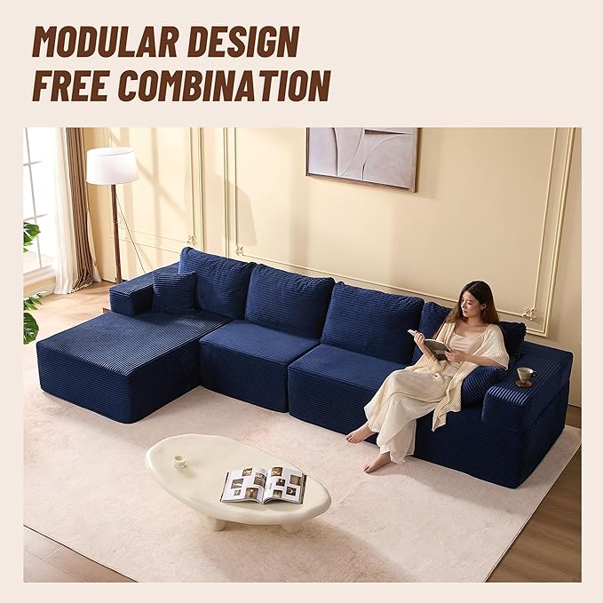 138" Boneless Couch with Deep Seat, Modular Sectional Sofa, Cloud Sectional Couch for Living Room, No Assembly Required, Corduroy, 4 Seater L-Shape Right, Blue