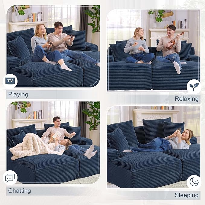 GNIXUU 78.8" Oversized Double Chaise Lounges Indoor, 2 Pieces Comfy Corduroy Chaise Lounge Chair Cloud Boneless Couch, Fluffy Upholstered Sleeper Loveseat Bed for Living Room Bedroom Reading(Blue)