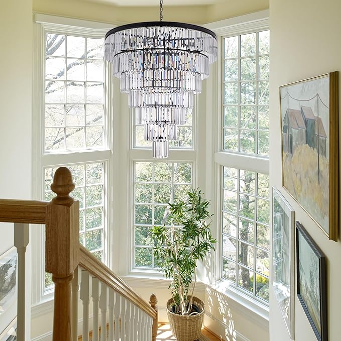 TOCHIC Large Crystal Chandelier for High Ceiling, 40 inch 7-Tier Modern Black Crystal Chandeliers Lighting Fixture, Round Light for Entryway Staircase Foyer Living Dining Room (Black, 40 Inches)