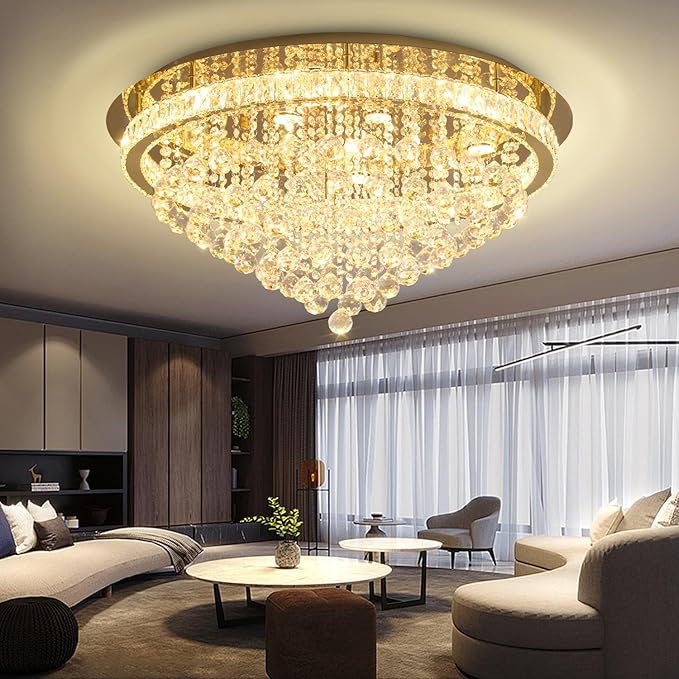 Dia 32" Modern Crystal Chandeliers for Living Room LED Dimmable Raindrop Chandelier Gold Ceiling Pendant Light with Remote Flush Mount Crystal Ceiling Light for Dining Room Bedrooms Foyer
