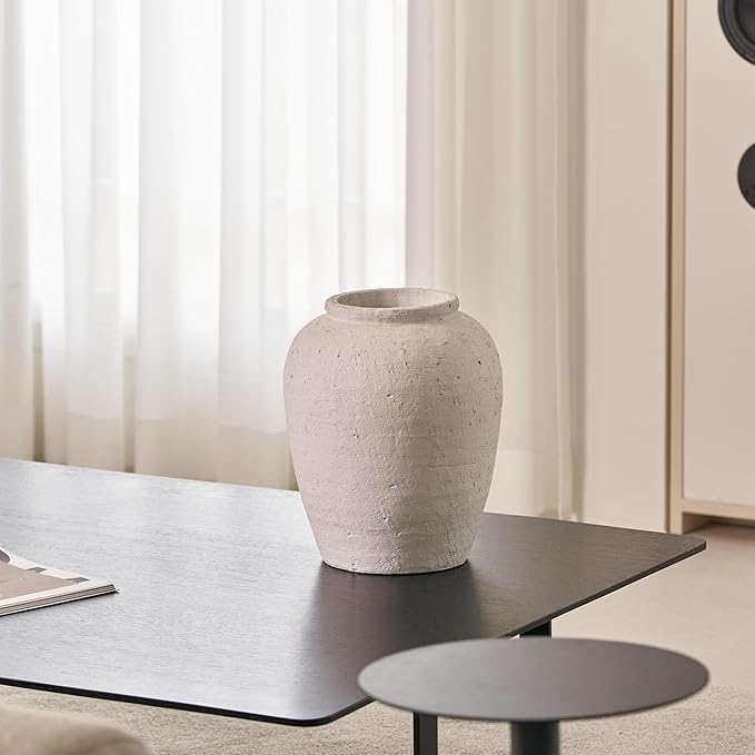 LB2 Large White Ceramic Vase, 11.8" Tall Zen Style vase, Terra Cotta Pitcher Vase, Distressed Farmhouse Decor, Pottery Decorative Flower for Home Decor (H 11.8" X 9.8")